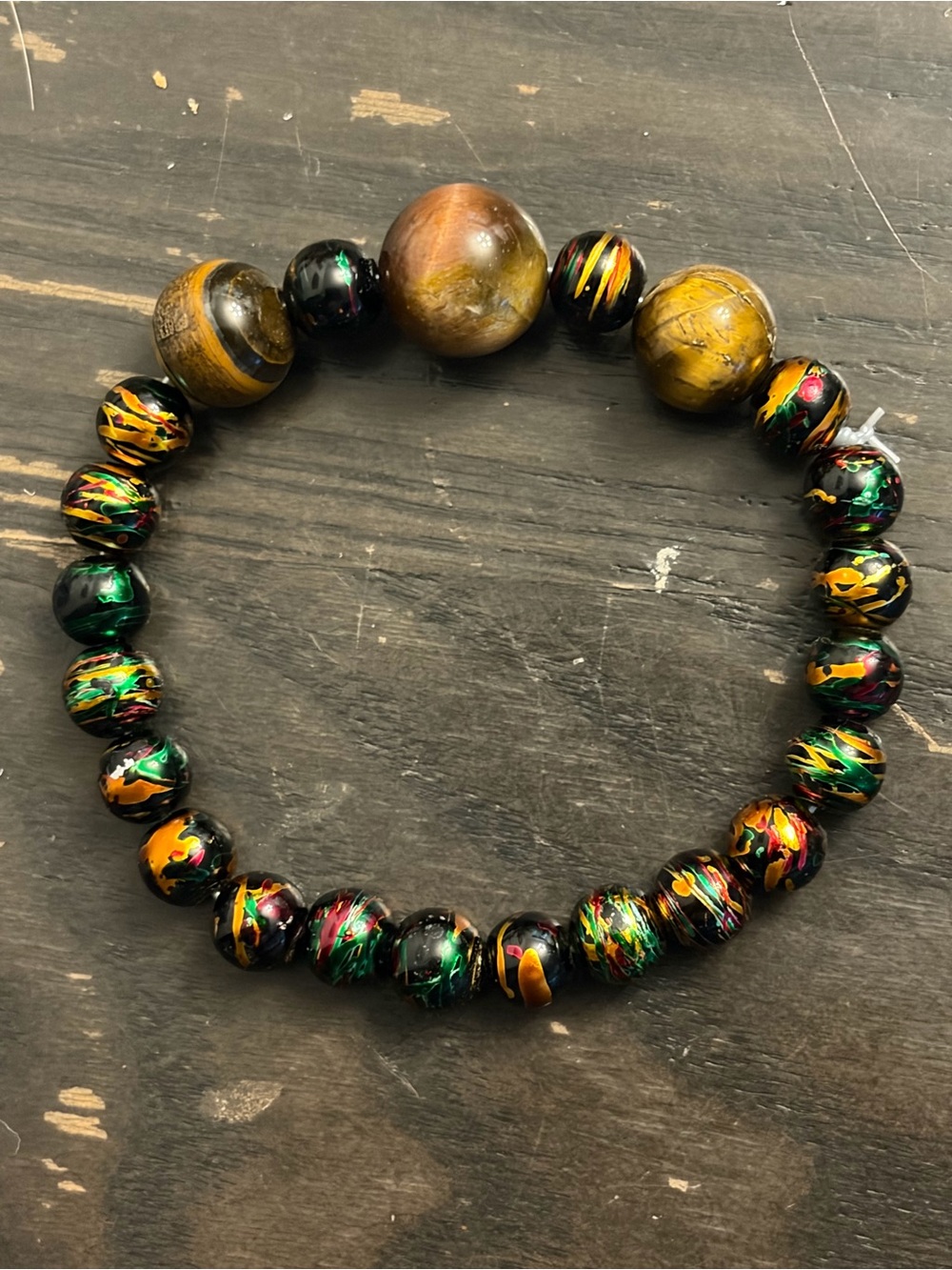 Multicolor Tiger Eye & Black Bead Stretch Bracelet